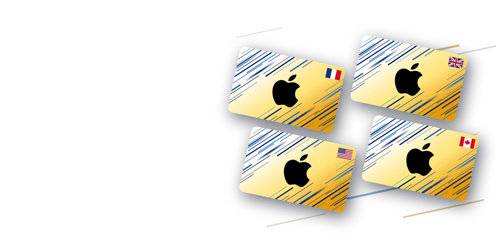 Quatre cartes cadeaux App Store et iTunes, chacune portant le drapeau de sa region