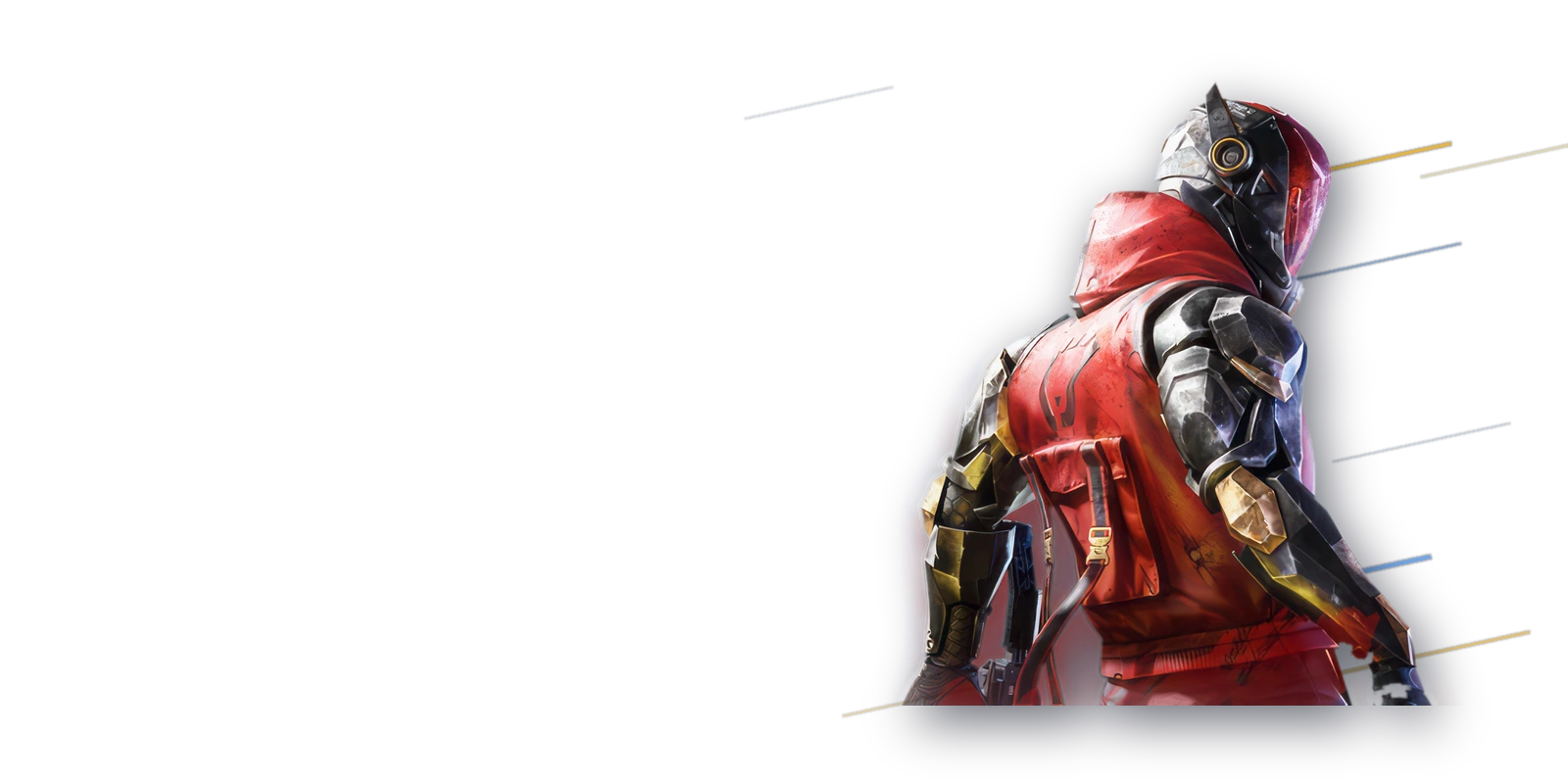 Un operateur casque de Blood Strike, vu de dos, veste rouge et armure argentee