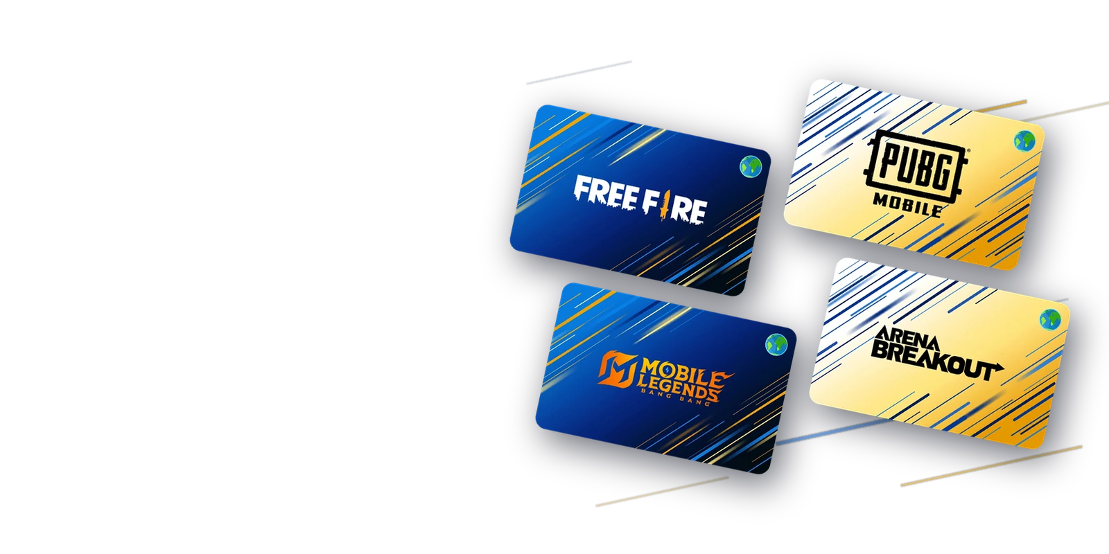 Quatre cartes de recharge de jeu en volume, Free Fire, PUBG Mobile, Mobile Legends et Arena Breakout