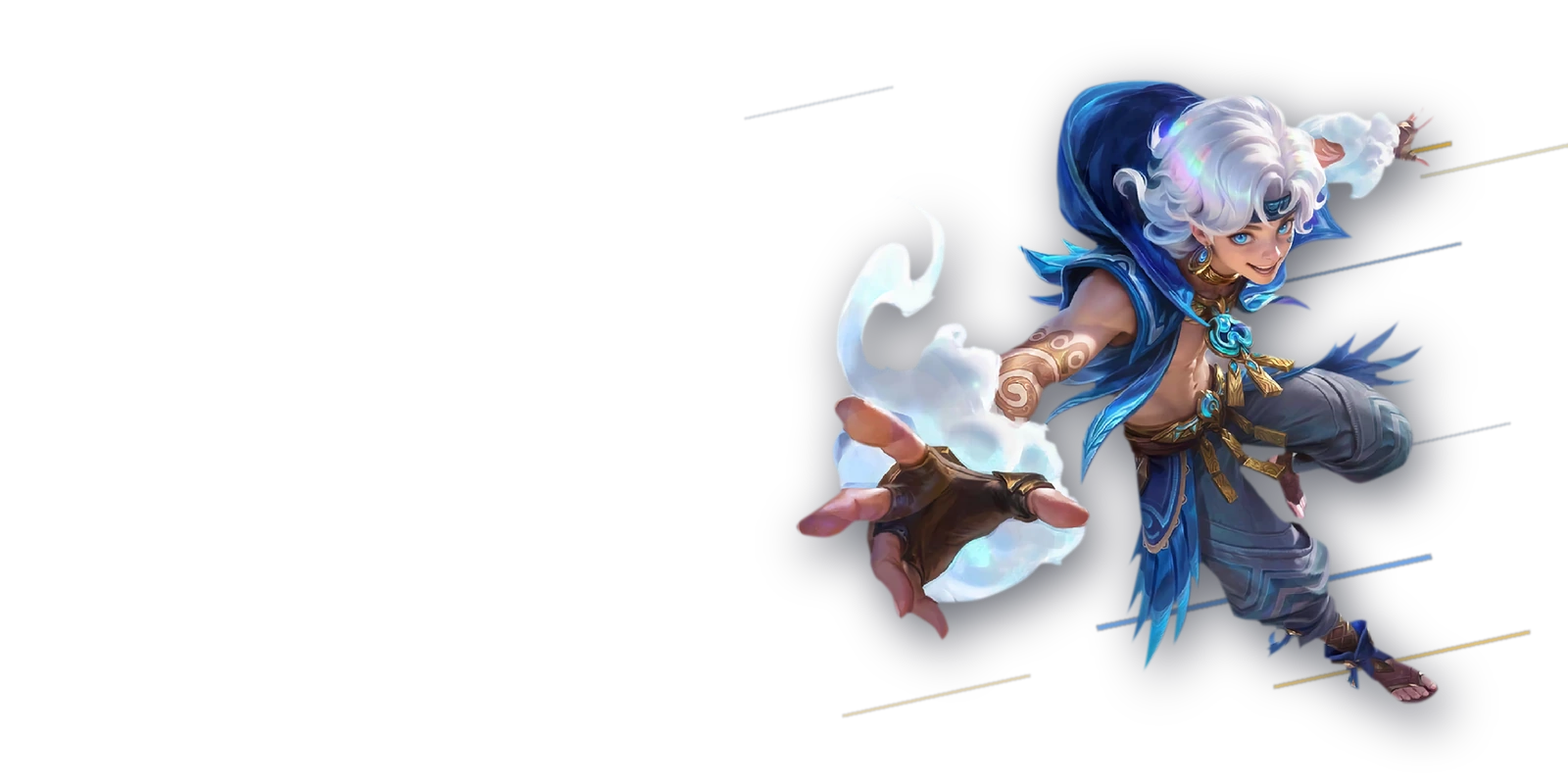Une heroine de Mobile Legends aux cheveux blancs, entouree d'un souffle clair