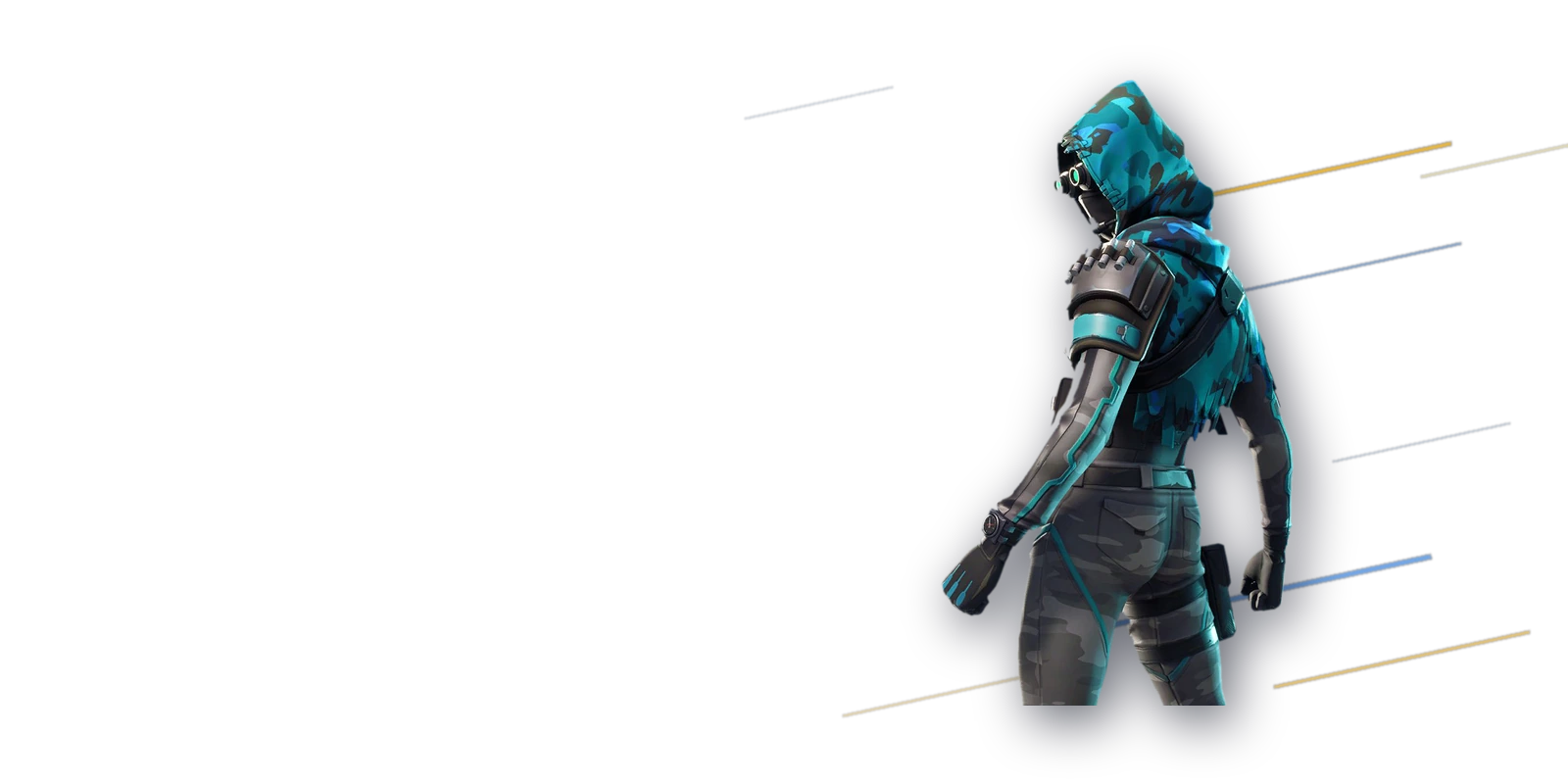 Un personnage de Fortnite a capuche, vu de dos, dans des tons bleu-vert