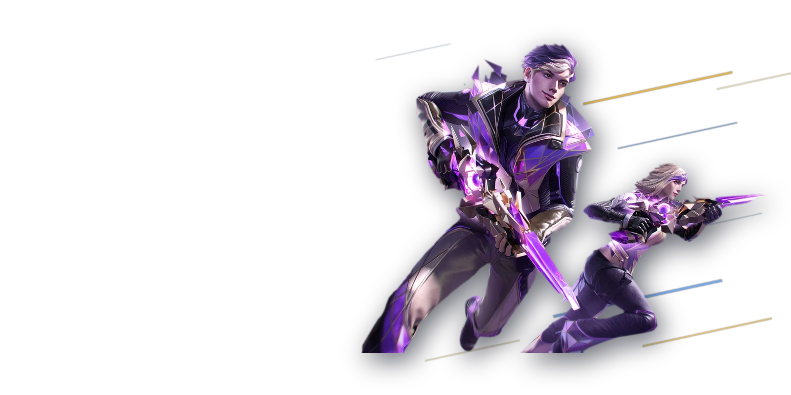 Deux personnages de Free Fire en tenue violette, lames lumineuses en main