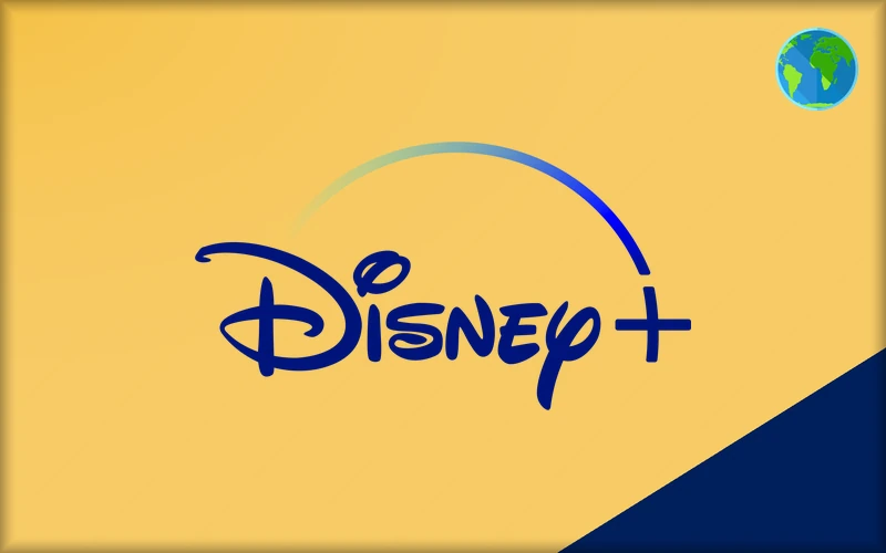Blue Disney+ logo on yellow background, globe icon top right