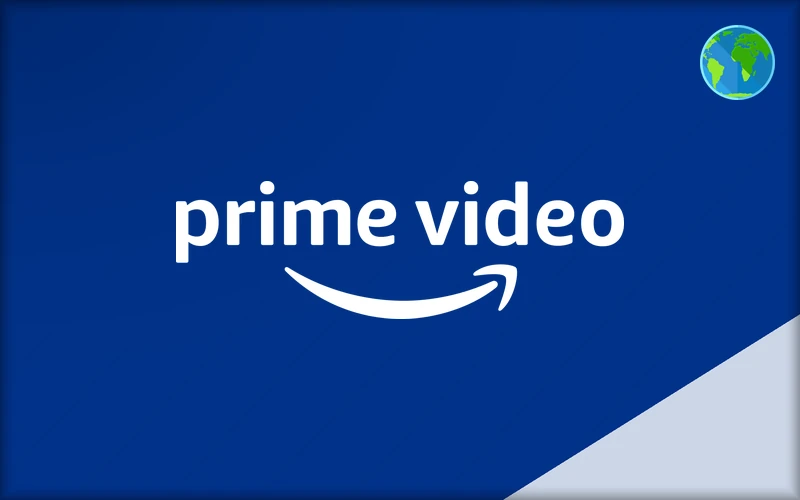 Logo prime video en blanc sur fond bleu, globe en haut a droite
